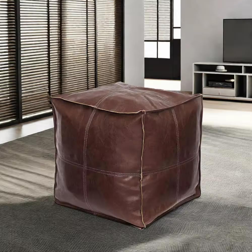 Louis Donné Leather Square Pouf Ottoman Cover, PU Leather Pouf Cover Used As Footstool, Floor Poufs Chairs for Living Room, Balcony, Bedroom, Cover ONLY (Brown)-image-34