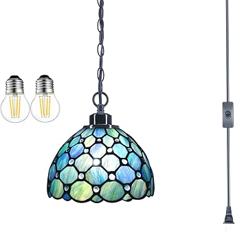 Small Tiffany Pendant Light Plug in Stained Glass Swag Lamp 8X8X181 Inch Hanging Lamp Sea Blue Pearl, for Dining Room Living Room