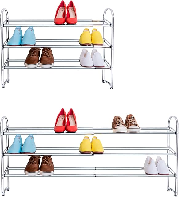 Tatkraft Maestro 3 Tier Adjustable Shoes Rack Chromed Steel, Heavy Duty Shoe Storage Rack, Extendable 64,5-118,5(L) X 22.5(W) X 53,5(H) cm