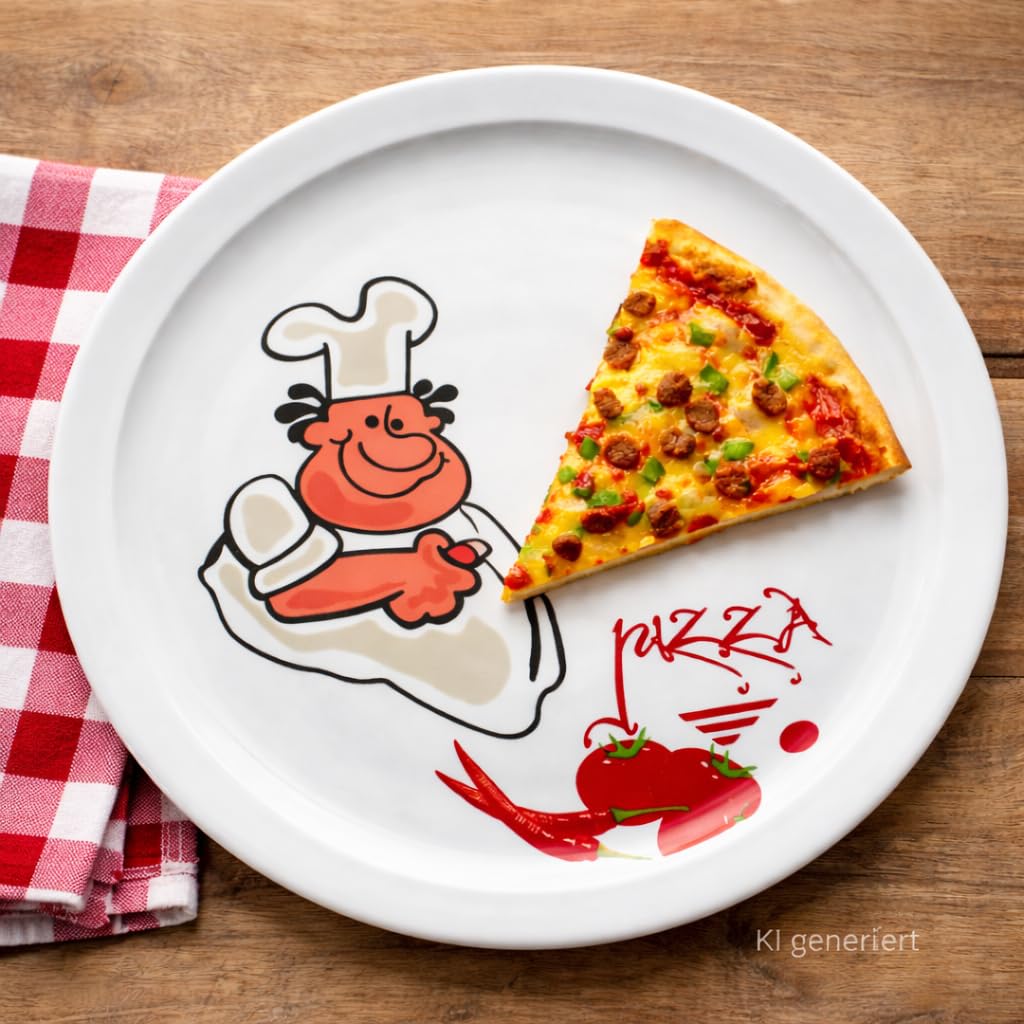 MamboCat Set van 4 Alberto pizzaborden, diameter 30,5 cm, voor 4 personen, grote pizzaborden met comic-pizzabakker van porselein, XL-platte borden, serveerschaal