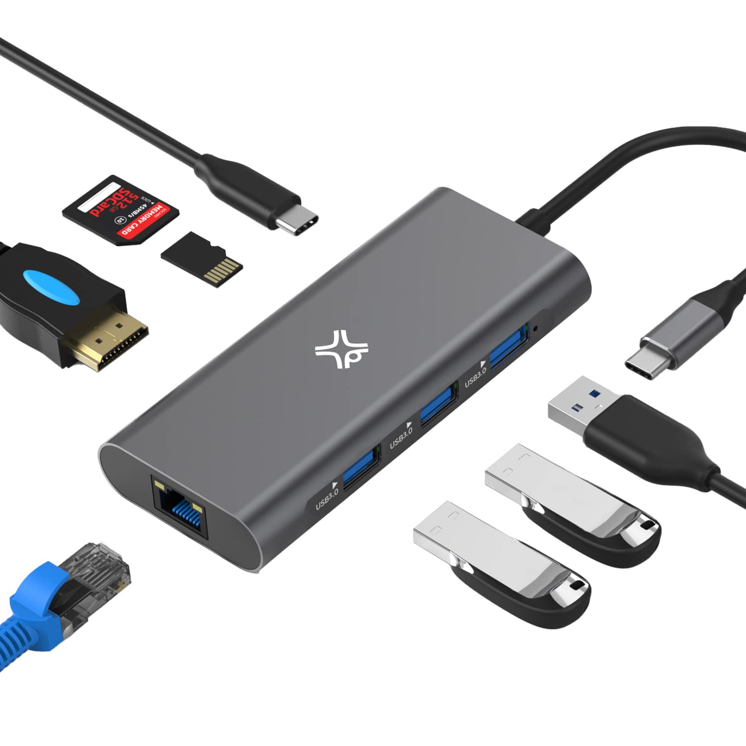 XTREMEMAC Hub USB-C â€“ 8 Ports â€“ USB-C PD, USB-A 3.0, HDMI 4K, SD/Micro, Ethernet RJ45 â€“ Silver