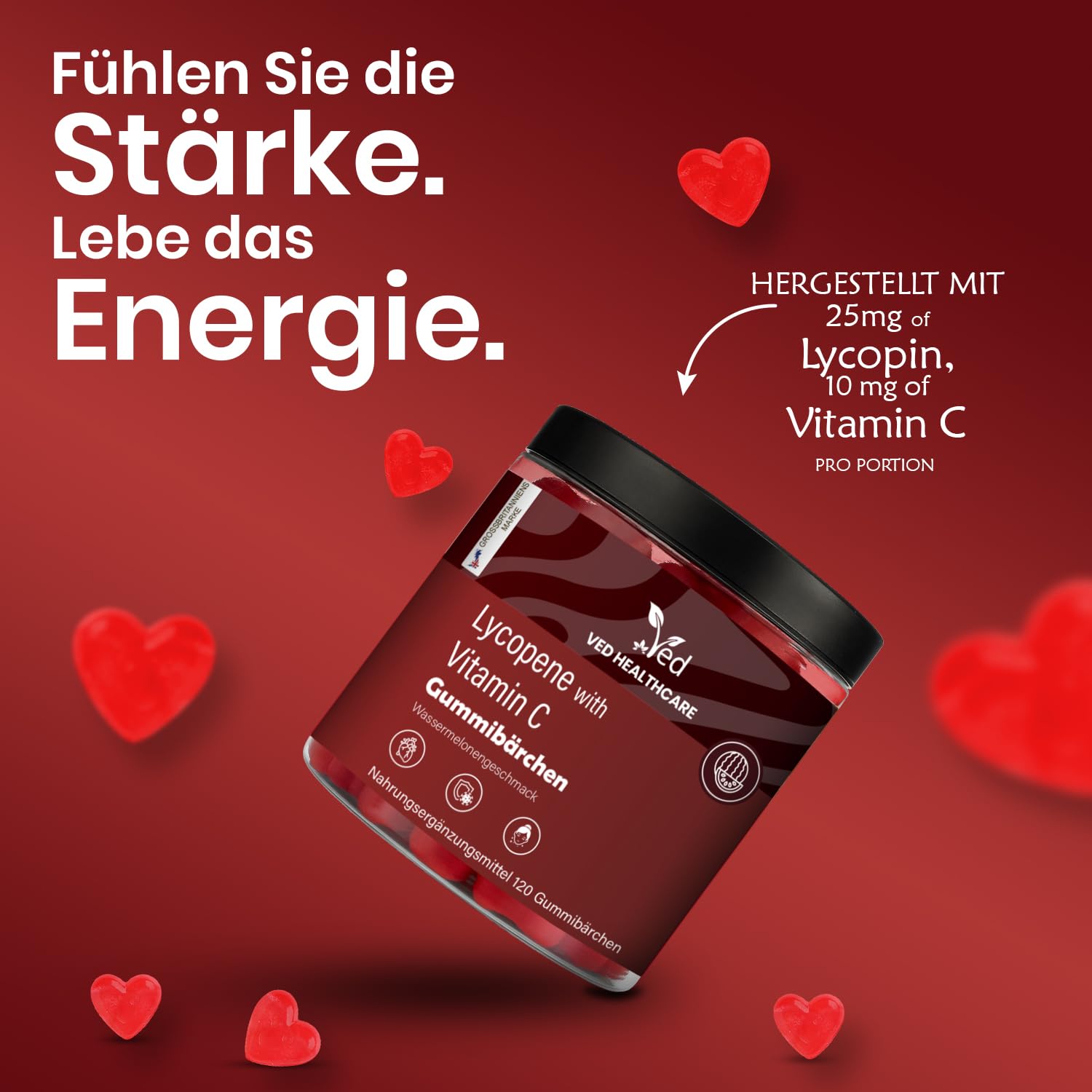 VED Lycopin-Gummibärchen mit Wassermelonengeschmack für Männer und Frauen, zur Unterstützung von Haut und Sehkraft, pflanzlich, vegan, gentechnikfrei, 120 Gummibärchen für die tägliche Einnahme.