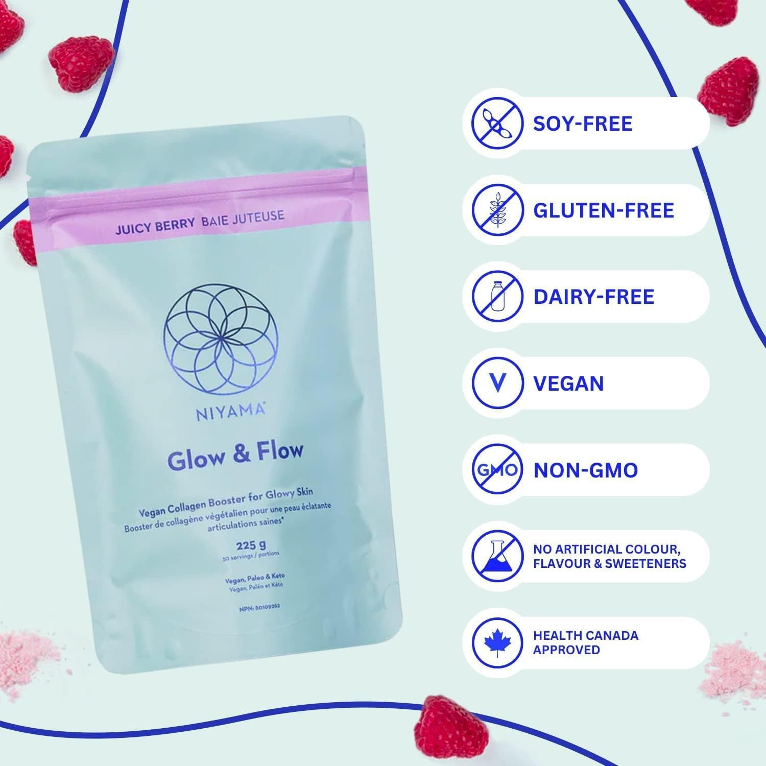 Niyama Glow & Flow Vegan Collagen Powder - Healthy Hair & Skin - Vegan, Paleo and Keto-Friendly - Juicy Berry (30 Servings)