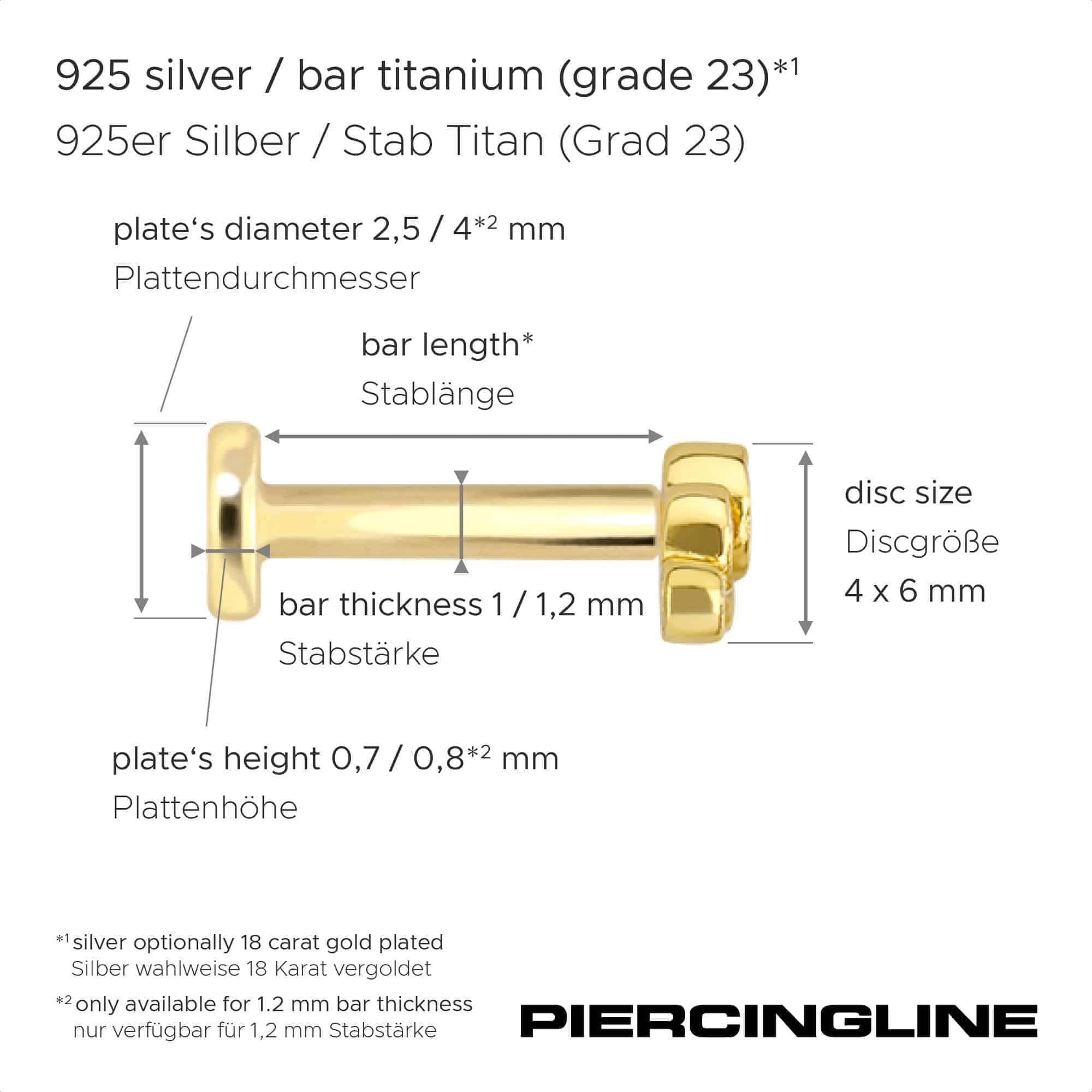 PIERCINGLINE Piercing Stecker Titan Labret mit Innengewinde + 925er Silber Aufsatz 3 MOISSANIT-TROPFEN - Goldfarben, Silberfarben