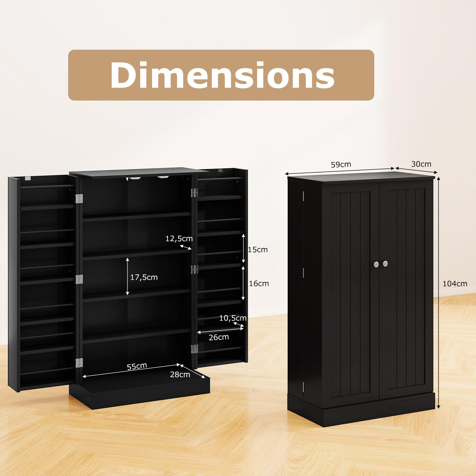 COSTWAY Armoire de Cuisine 2 Portes avec 16 Étagères, Meuble Cuisine Rangement avec Dispositif Anti-Renversement, Buffet pour Salle à Manger, Salon, Noir