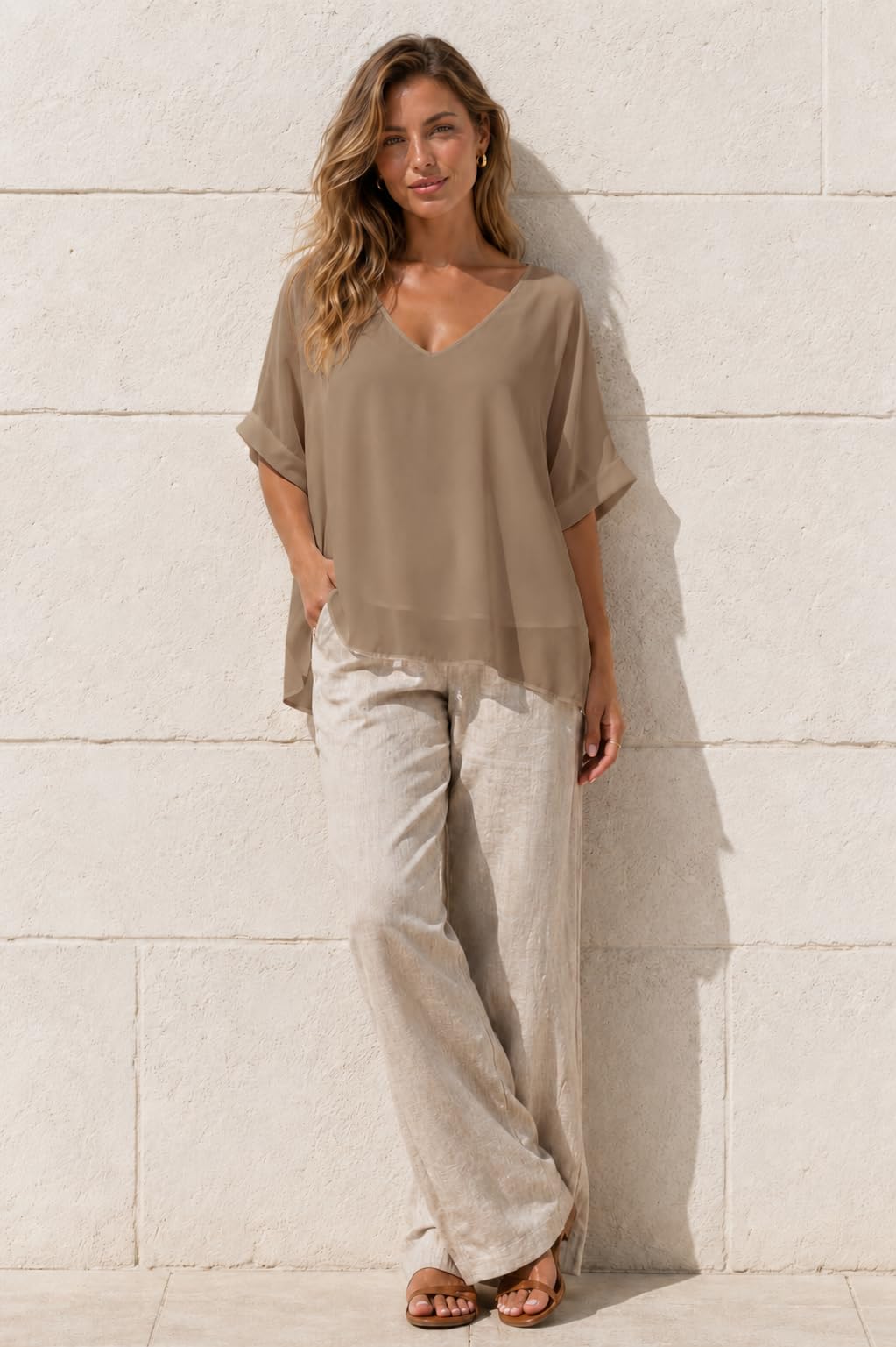 Van Der Rich ® - Blusa Holgado de Gasa con Cuello en V Forro Interior - Mujer