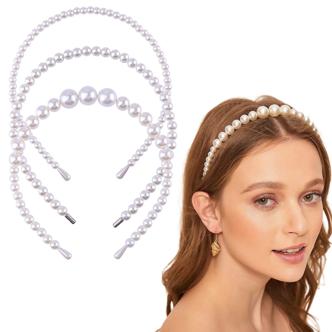 KGDUYC Diademas de Moda para Mujer,Diademas Nupciales, Diademas de Perlas, Diademas de niña, 3 Piezas Diademas de Perlas Hechas a Mano para Mujeres y niñas