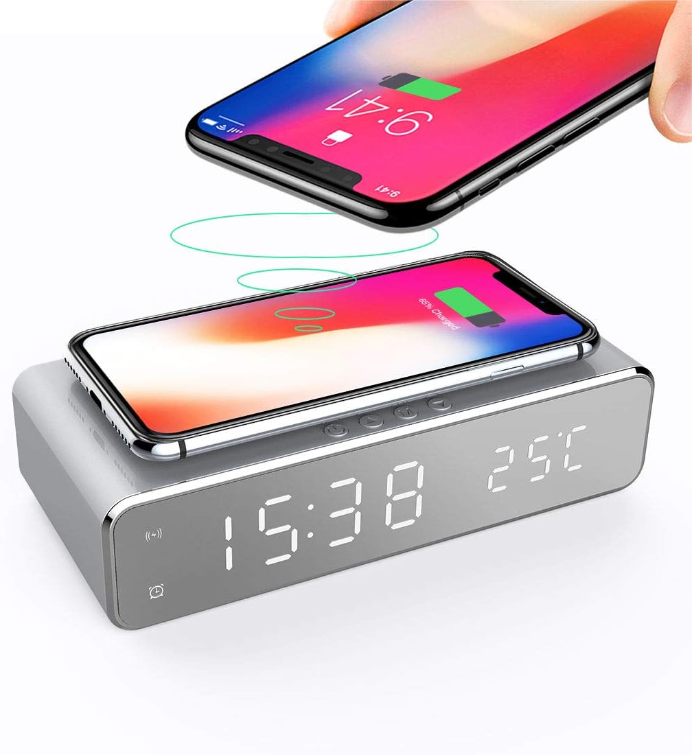 Docreate Digital Alarm Clock with Wireless Charger,LED Desk Alarm Clock with