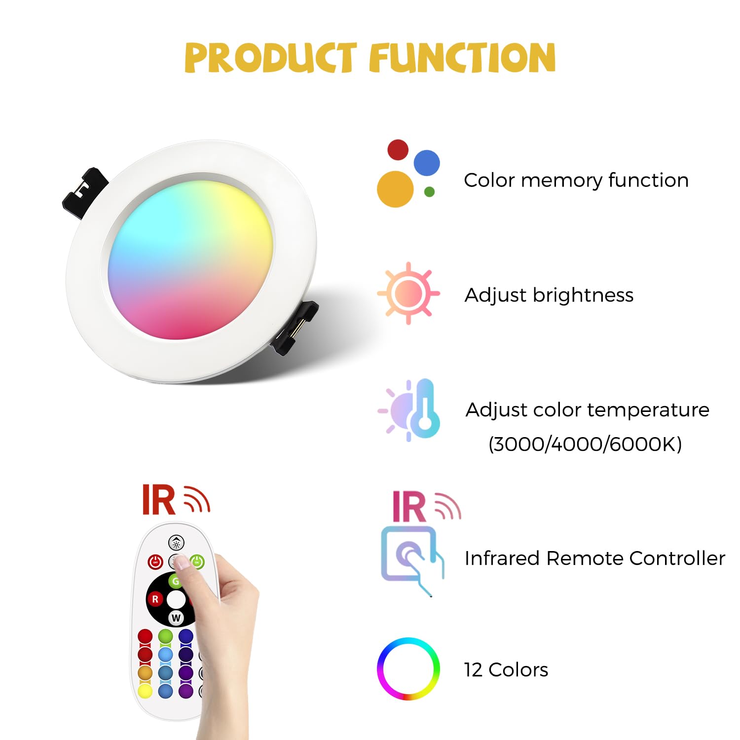 Faretti LED da Incasso 7W, Foro 60mm RGB Rotondi con Telecomando IR Faretto da Soffitto RGBW WW CW 230V Dimmerabile Cambia Colore Lampada da Incasso a LED in Alluminio piatto (Pacco da 6)