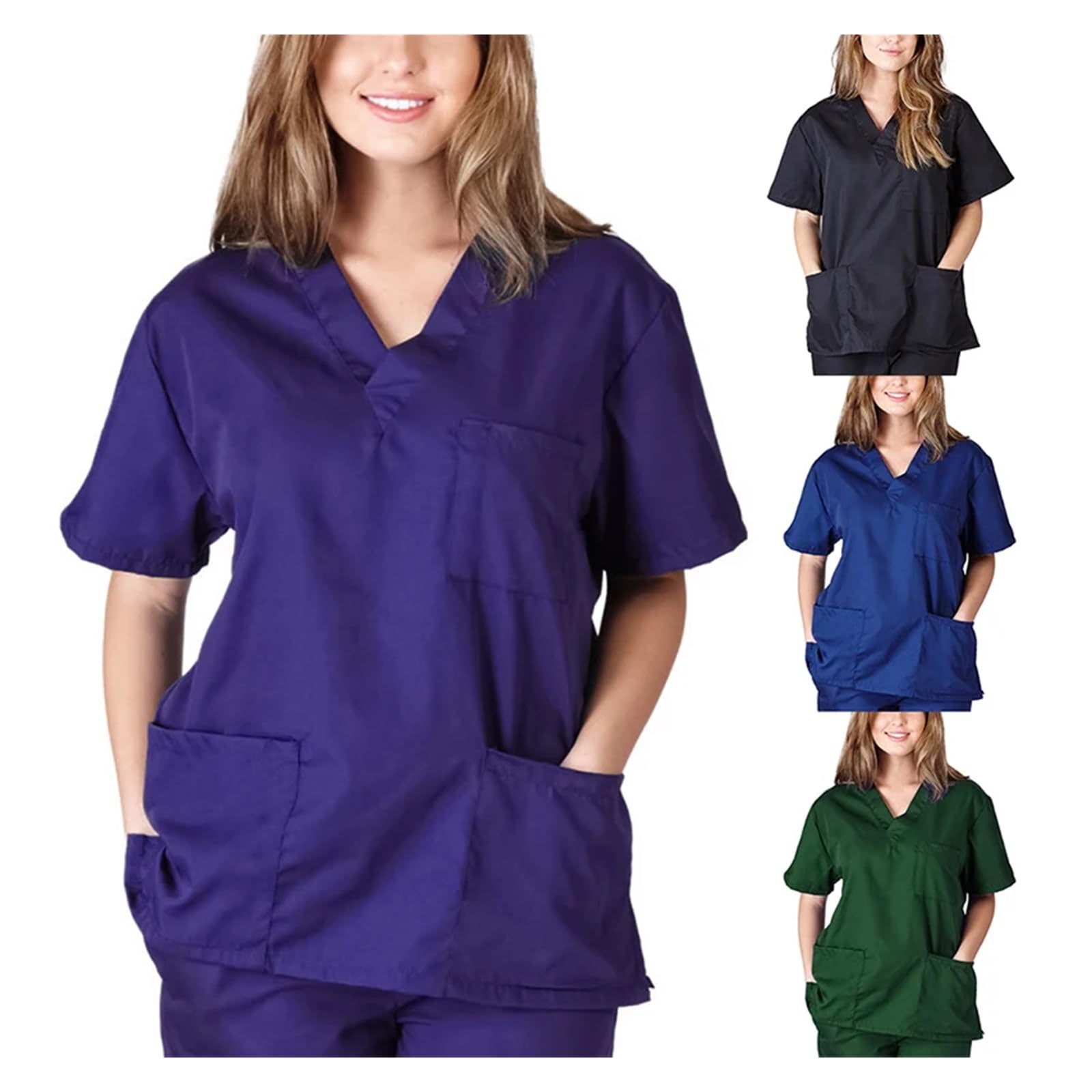 Blusa de Trabajo Informal Unisex de Manga Corta con Cuello en V y Bolsillos Grandes, Tallas XS-3XL(Green,XXL)