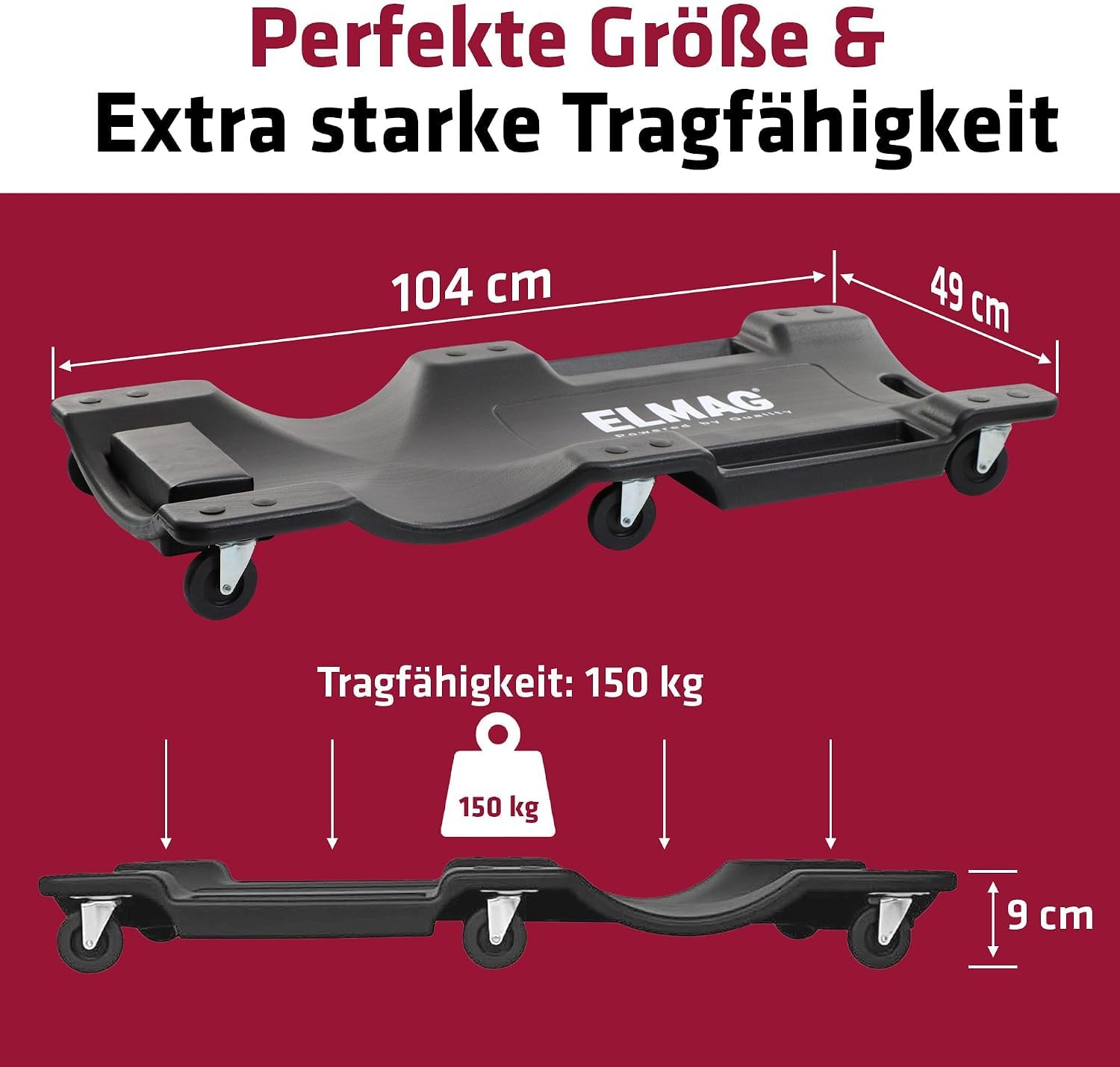 ELMAG Rollbrett Werkstatt 104 x 49 x 9 cm – Rollbrett als Montagerollbrett mit ergonomischem Design, gepolsterter Kopfstütze und Rollen – Werkstattliege mit Werkzeugablage – Bis 150 kg belastbar