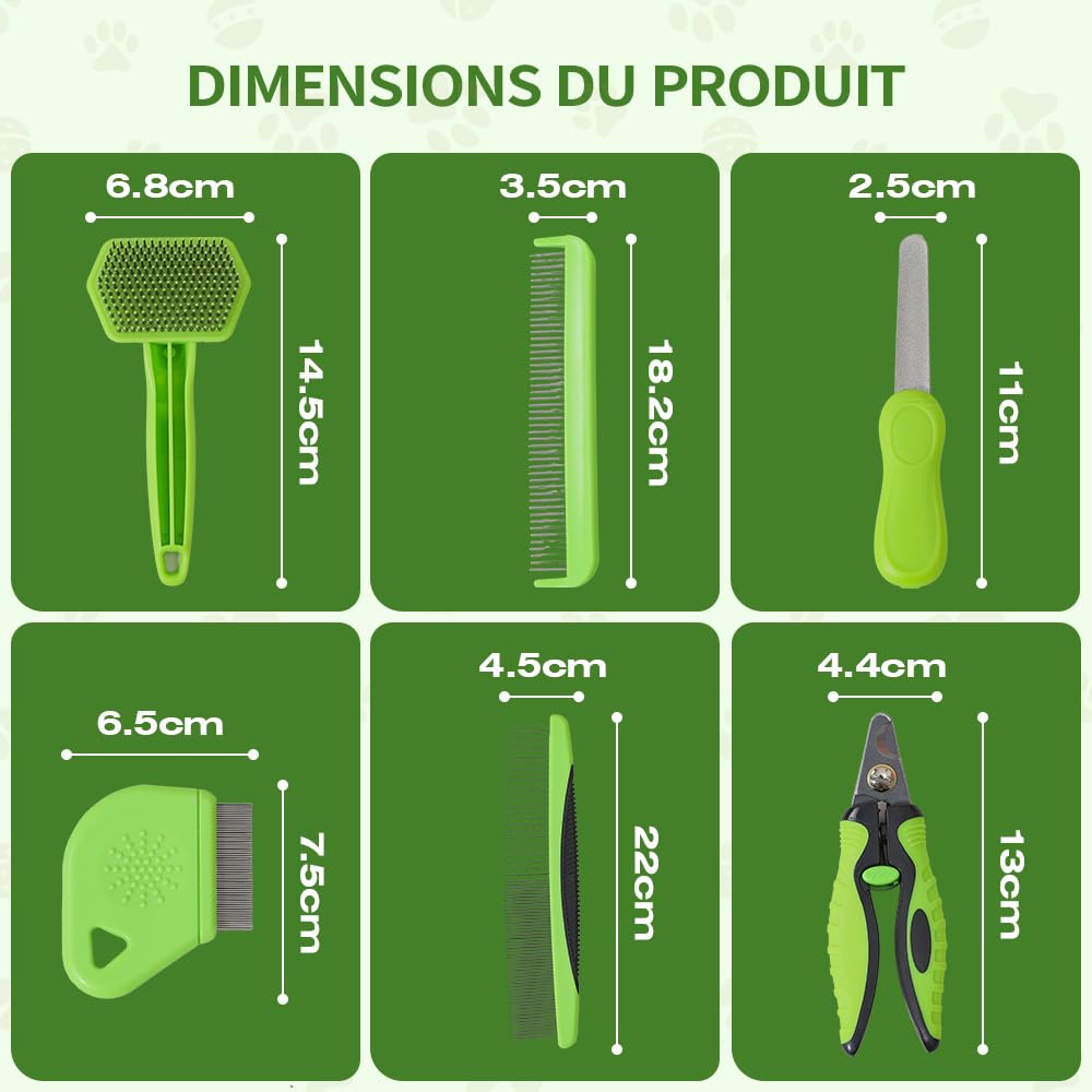 Kit Toilettage 6 en 1 Chat Chien - Brosses Démêlantes Poils Longs et Courts - Coupe-Griffes & Lime Acier Inoxydable - Sac de Rangement Inclus