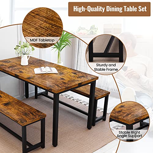 Recaceik 3-Piece Dining Table Set For 4, 43 Inch Dining Room Table Set Kitchen Table Set With 2 Benches, Space-Saving Dinette Table Breakfast Table For Kitchen, Dining Room, Rustic Brown #TOP3