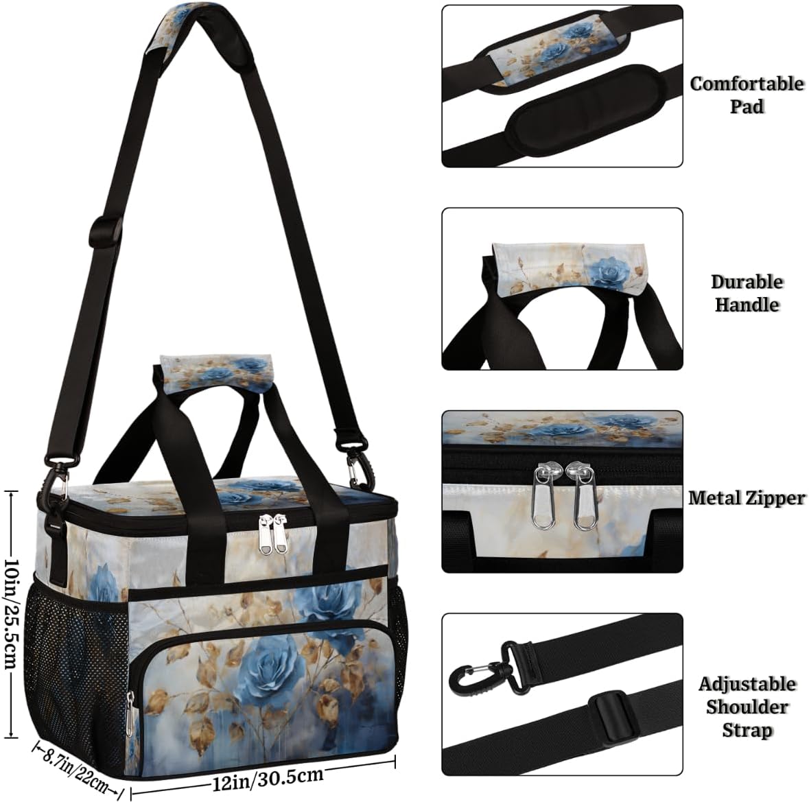 Flower Insulated Picnic Backpack Lunch Box for Women Men Picnic Basket Tote Lunch Bag Picnic Bag Portable Lunch Bags for Picnic, Beach, Work, Trip,Office, Camp Blue Rose