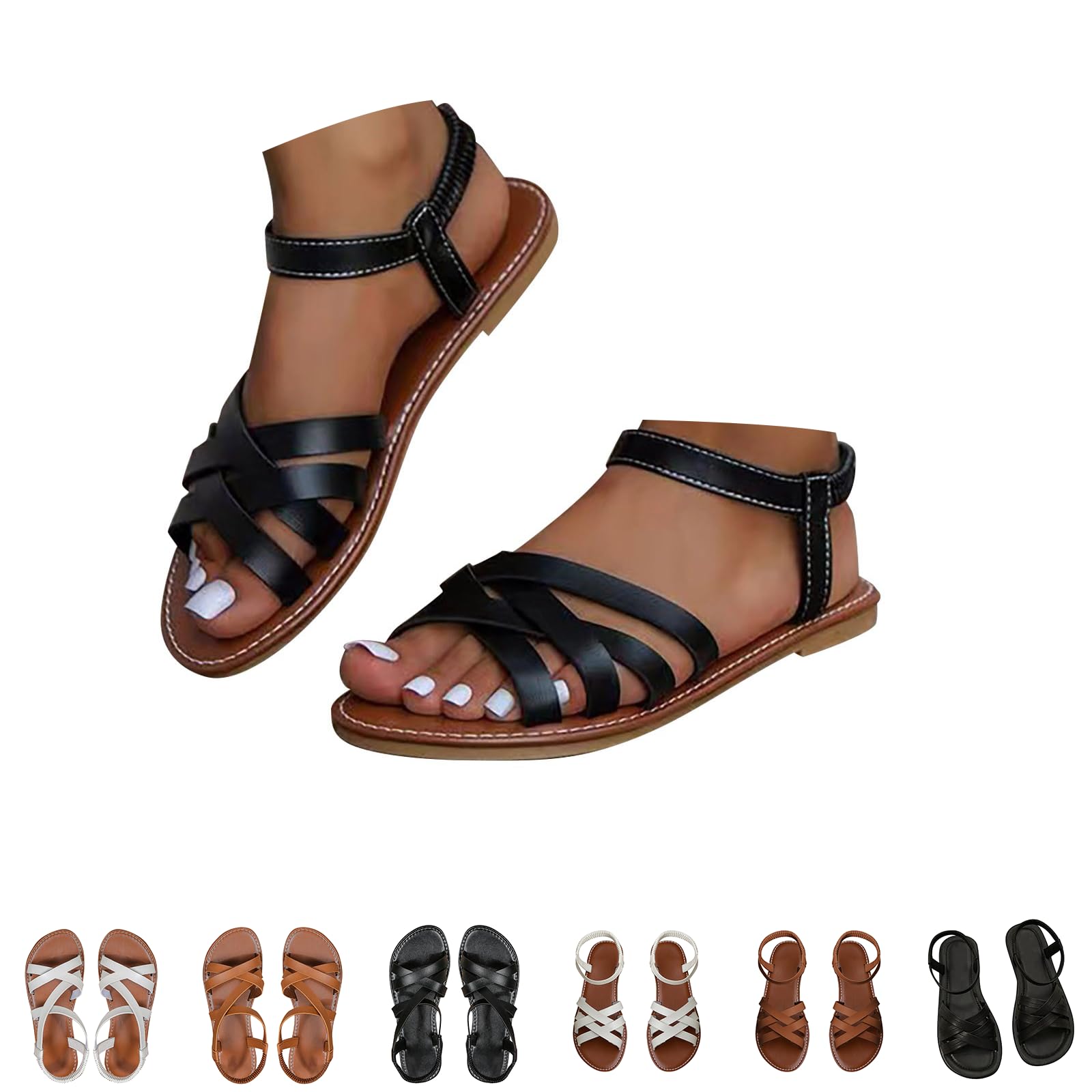 Cocila Sandales Plates Décontractées Femmes Bride Croisée Tressée Lanières Mode Bretelles Ajustables À La Cheville Confortable Bout Ouvert Nue Pied Plate Ete Pieds Larges Sensibles