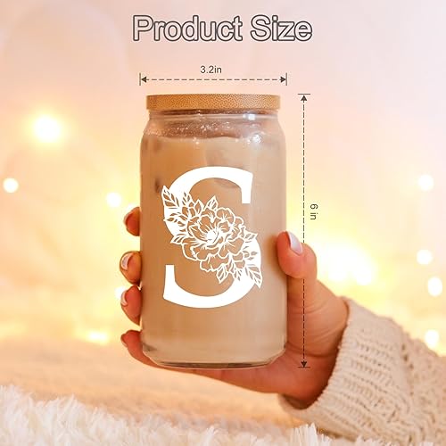 Miniatura 5 de Coolife Vaso de vidrio con inicial, regalos con monograma para mujeres, tazas de vidrio de 16 onzas con tapas y pajitas, café helado, batido, vaso