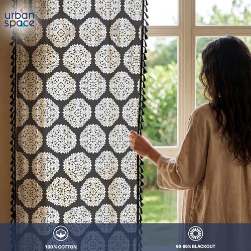 Image of Urban Space Boho Decorative Curtains for Long Door, 100% Cotton Curtain 8 Feet Long, Set of 1 Curtains with Tassels, 60-65% Room Darkening Curtain with Tieback and Eyelets(Mandala Grey, 8 Feet)