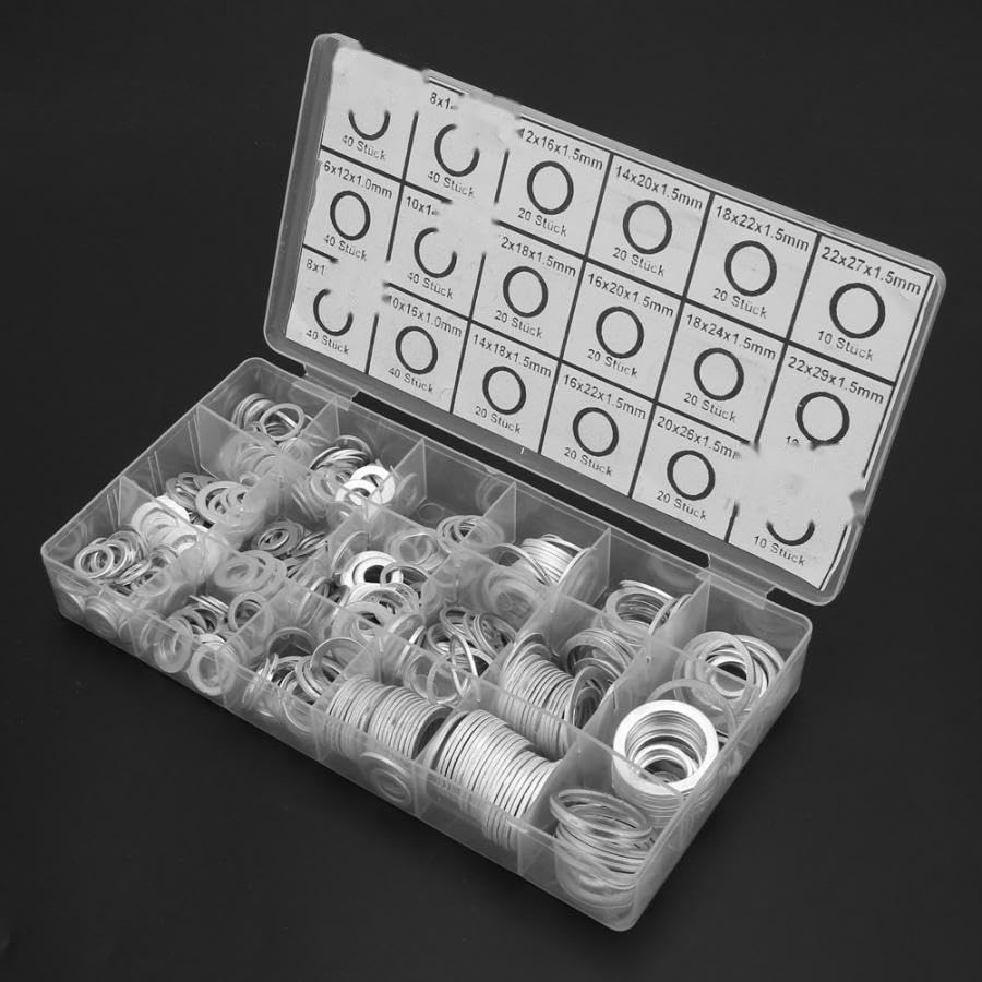 450 pcs 18 Sizes Oil Drain Plug Aluminum Washer Gasket Assortment Set with Plastic Box Lock Assortment Set