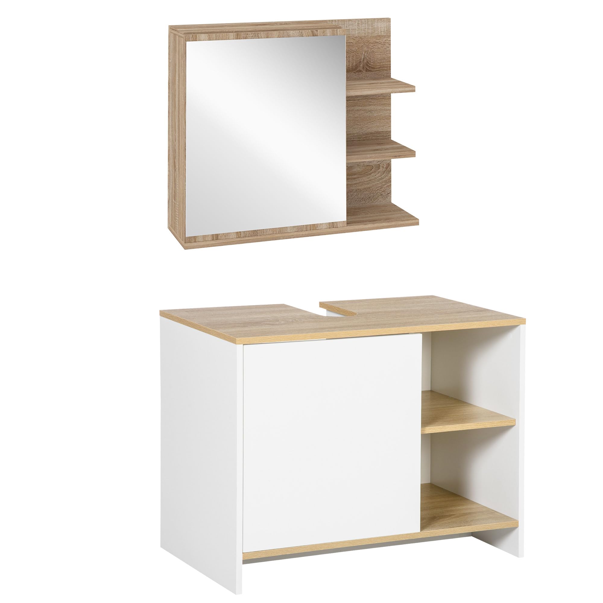 kleankin Set Arredo Bagno 2 Pezzi Specchiera Sottolavabo Color Legno | Mobile Specchiera con 3 Ripiani Aperti, Mobile Sottolavabo con 2 Ripiani Aperti e Armadietto, Truciolato e Vetro
