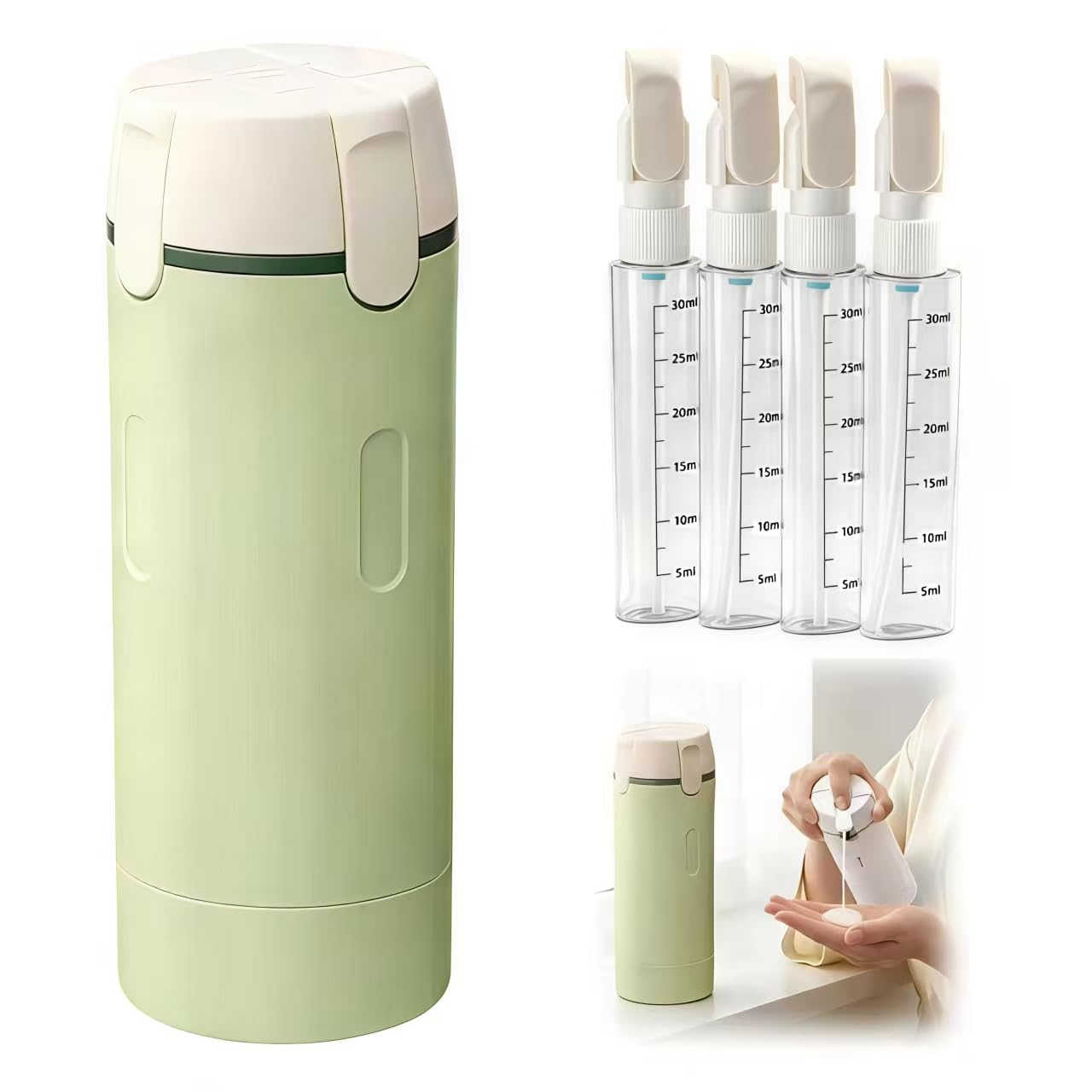 Photo 1 of ZXAPJJD 4 in 1 Travel Dispenser Bottle Leakproof Refillable Travel Bottles for Toiletries Portable Size Containers for Shampoo Lotion Cosmetics Travel Essentials for Women Men (Green)