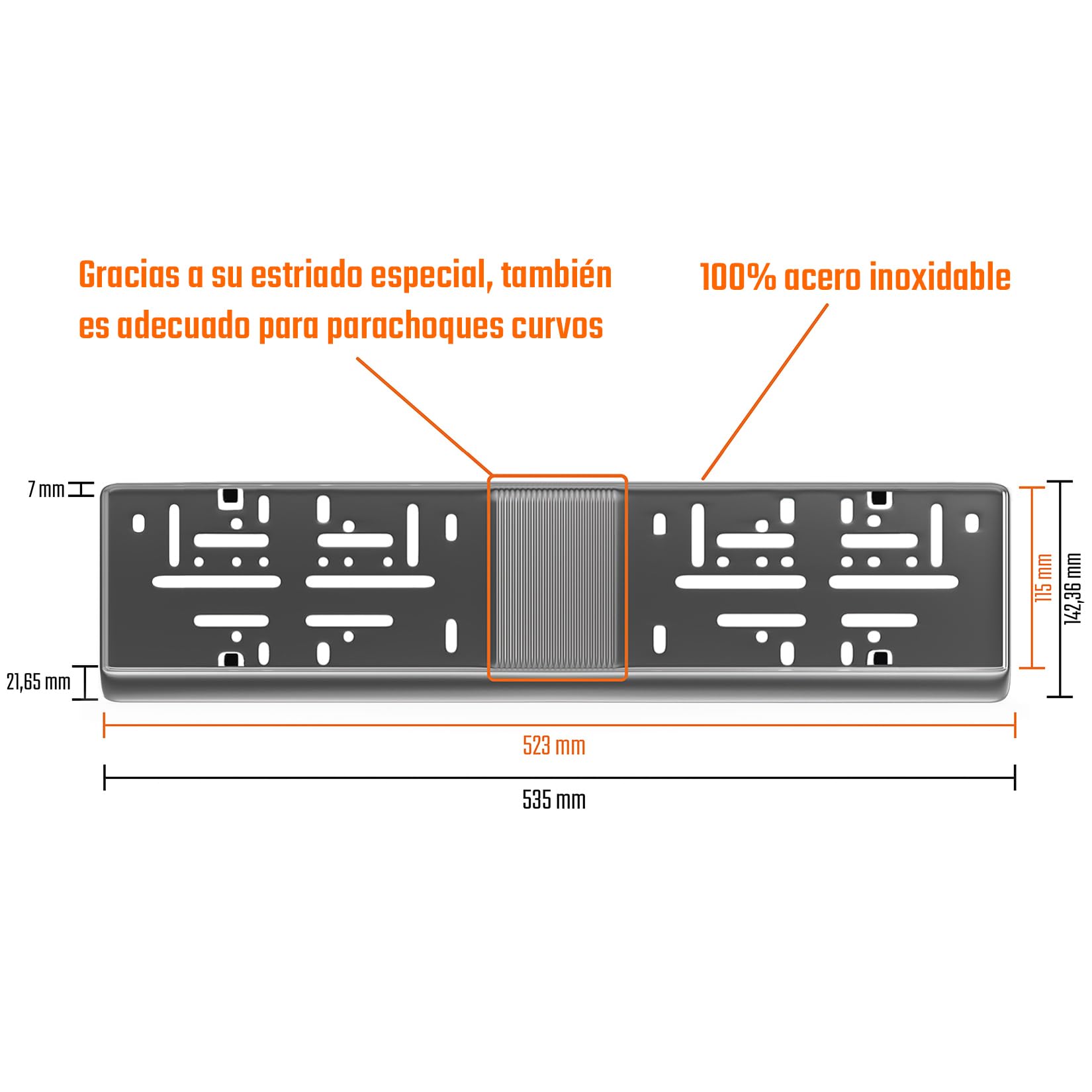 Portamatriculas Coche 520x110 mm - Soporte Matricula [2 uds.] - con 8 Tornillos - Duradero y Resistente - Porta Matricula Coche Homologado - Acero Inoxidable Pulido - Apto para Todos vehículos