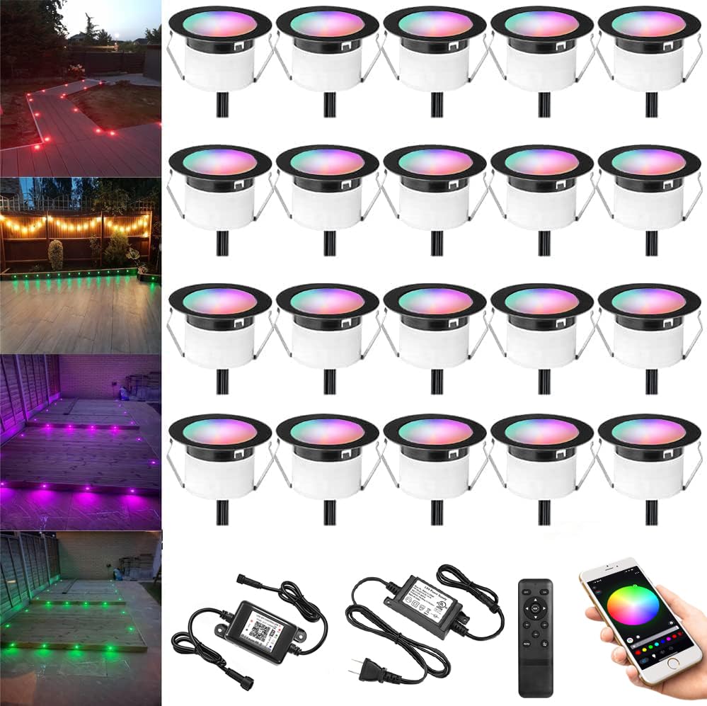 Photo 1 of Deck Light RGBW 20 Pack, ?1.22 Inches RGB/Warm White Light WiFi Control, LED Deck Lights Kit Low Voltage DC12V, IP67 Waterproof Deck Lights for Stairs with Remote Control D31mm 20 Pack