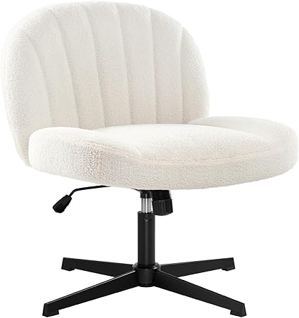 Armless Office Desk Chair No Wheels,Ergonomic Criss Cross Legged Computer Chair with Fabric Padded, Height Adjustable Wide Seat Vanity Chair,Mid Back Task Chair for Home, Bedroom (White)