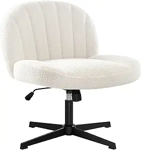 Armless Office Desk Chair No Wheels,Ergonomic Criss Cross Legged Computer Chair with Fabric Padded, Height Adjustable Wide Seat Vanity Chair,Mid Back Task Chair for Home, Bedroom (White)