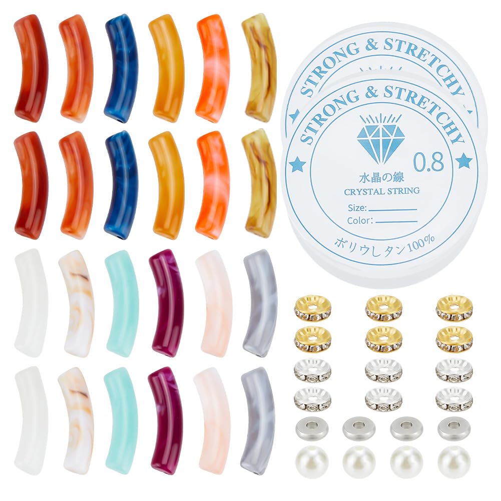 GOMAKERER 160 Tubes Cristal Élastiques - 16 Styles Perles Incurvées en Bambou Acrylique et Strass avec 2 Fils pour Fabrication de Bijoux