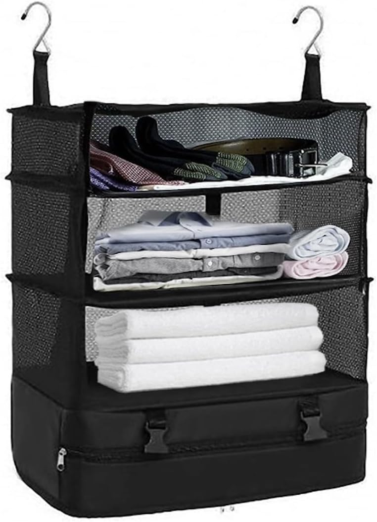 Artos Portable Collapsible Hanging Travel Shelves Bags, Suitcase Organizer, Packing Cubes for Travel, Carry-On Closet Insert, Large Capacity Travel Bags Collapsible 4-Shelf Travel Closet with 2 Hooks