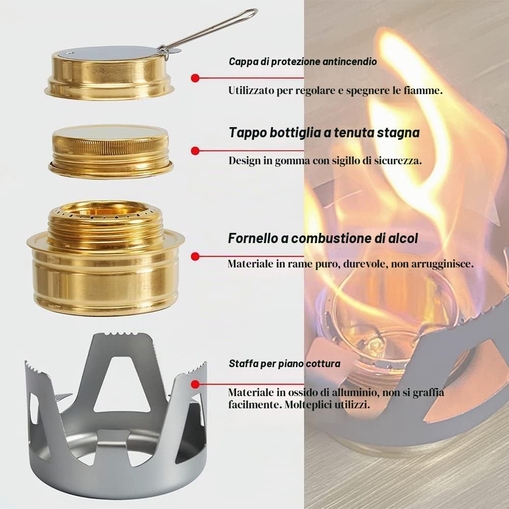 Mini Fornello ad Alcool, Mini Bruciatore da Campeggio Rame Bruciatore Portatile ad Alcool 188 g per Outdoor Picnic Escursionismo Cucinare (Grigio)