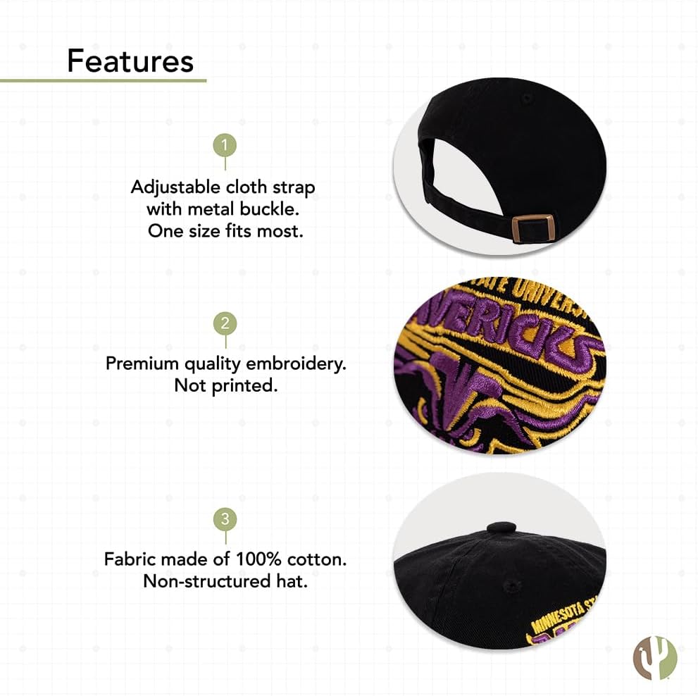 Desert Cactus Minnesota State University Mankato Baseball Hat MNSU Mavericks Brimmed Embroidered Cap Adjustable Cloth Strap Adult (Style A) Black - Image 4