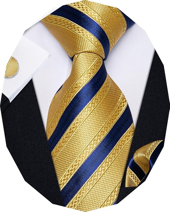 Image of YourTies Striped Ties for Men Classic Woven Silk Necktie with Handkerchief Cufflinks Set Formal Business Party Wedding