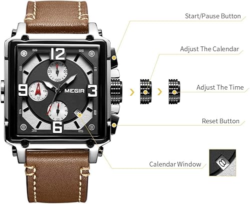 Miniatura 5 de MEGIR ML2061G Reloj analógico de cuarzo con cronógrafo militar para hombre con correa de cuero de moda para deporte y trabajo de negocios