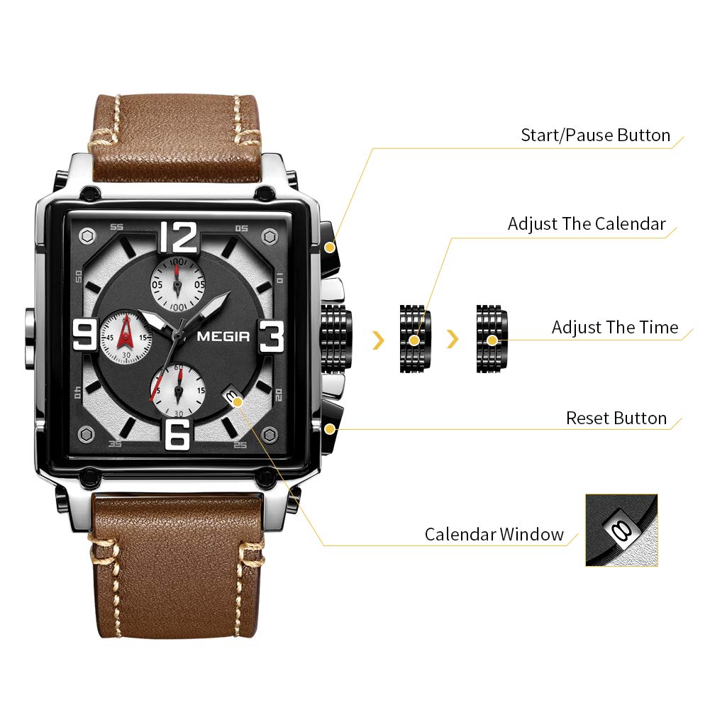 MEGIR ML2061G - Orologio da uomo analogico al quarzo, con cinturino in pelle alla moda, stile militare, cronografo, luminoso, per sport e lavoro