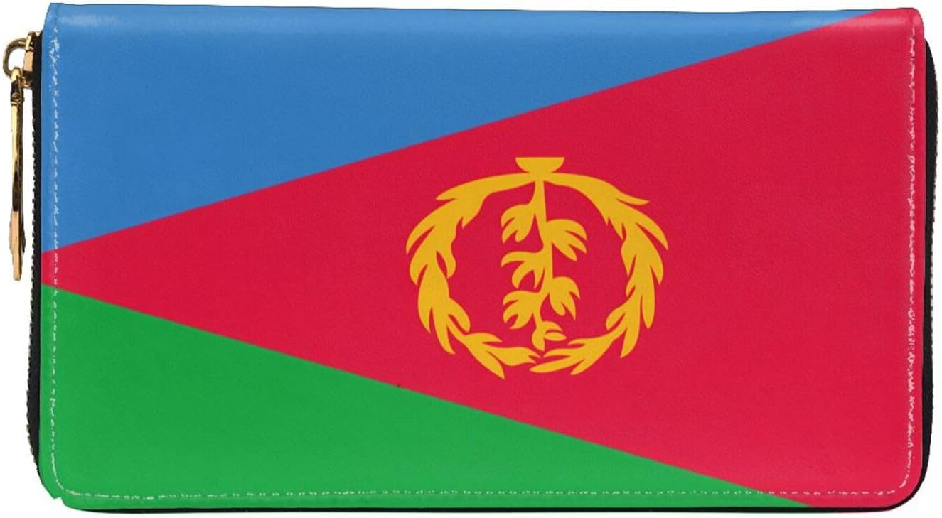 Eritrean flag Long Zip Around Wallet for Women, Large Capacity RFID Leather Wristlet Wallet with 12 Card Slots Coin Purse, Fashion Clutch Purse with Wrist Strap