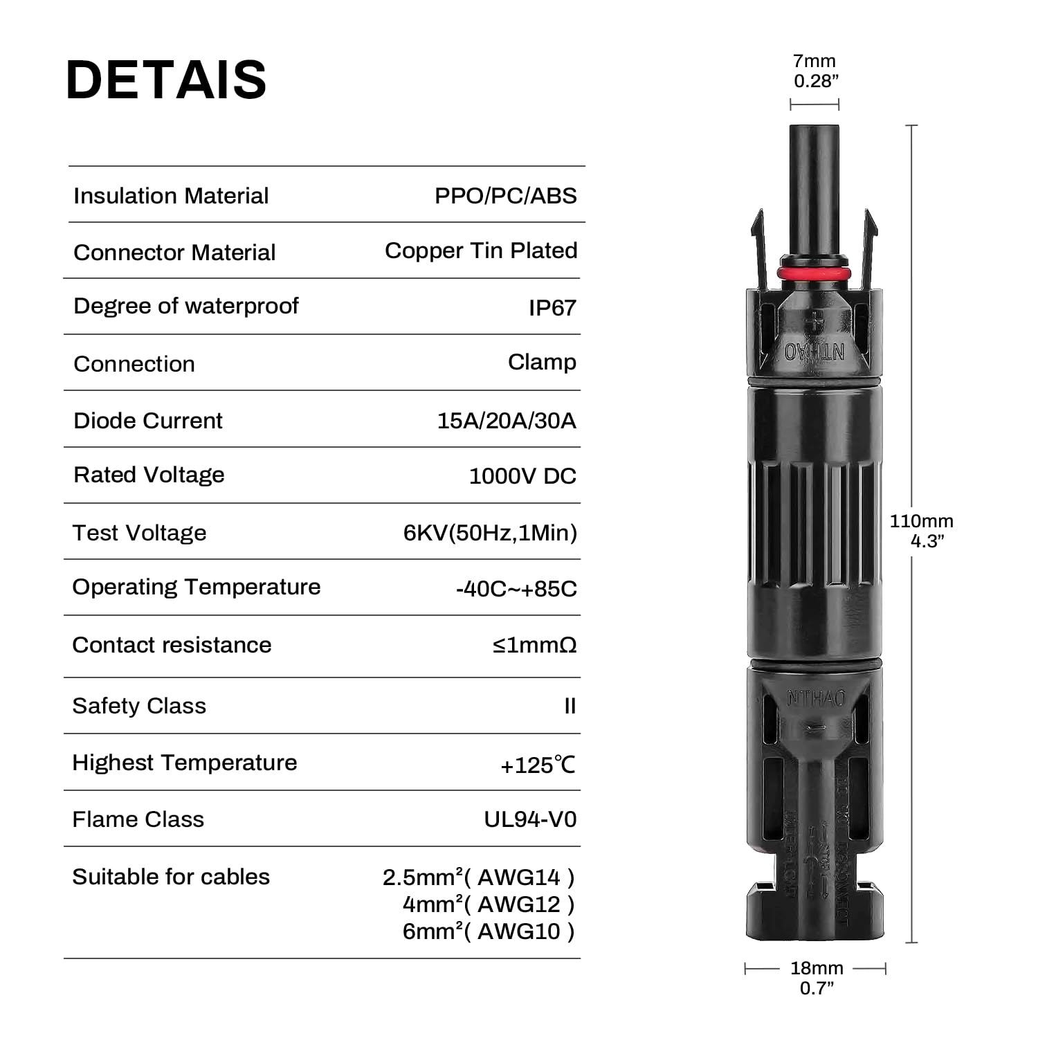 2 Pezzi 30A Diodi per Connettore Pannelli Solare 15A/20A/30A 1000 V Diodi di Blocco Fotovoltaico Diodo Antiriflusso evitare effetto hot spot IP67 per Centrale fotovoltaica PV DIY Cavo