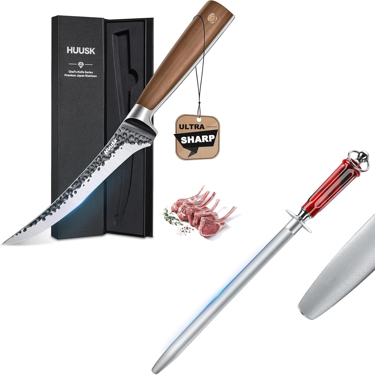 Huusk Boning Knife 6 Inch & 10" Knife Sharpener Rod