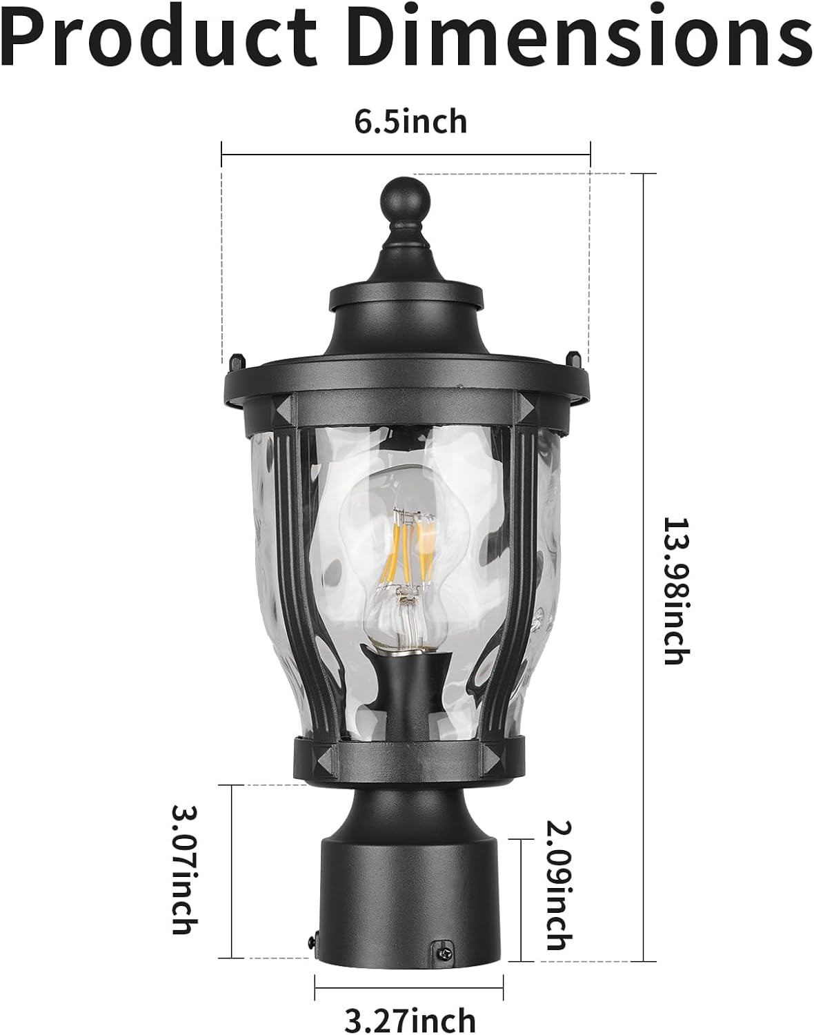 Outdoor Post Lights Lamp Post Light Fixture, 14'' Pole Lantern with E26 Base 60W Max & Waterproof Aluminum Housing Plus Hammered Water Ripple Glass, Fence Post Deck Lighting for Garden, Patio, Pathway