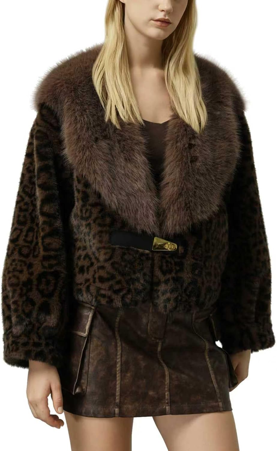 Bellivera Womens Faux Fur Leather Jacket Fleece Cropped Warm Fluffy Coat Soft Zip Outerwear