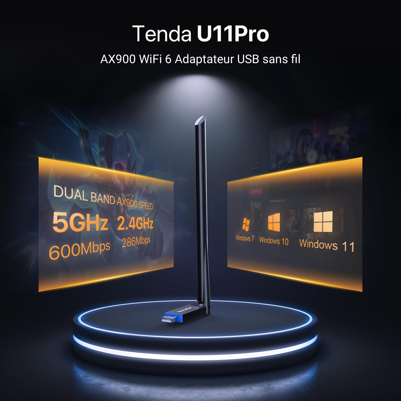 Tenda Clé WiFi AX900Mbps USB Antenne 6dBi Double Bande 5/2.4 GHz U11 Pro