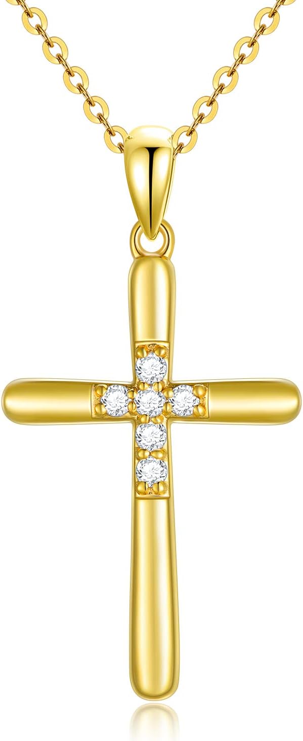 SISGEM Natural Diamond Cross Necklace for Women in 14K Gold, 0.09 Carat (ctw) Natural Diamonds, Yellow Gold Crucifix Cross Pendant Religious Blessing Jewelry Gift for Her, Wife, Mom 18 inch