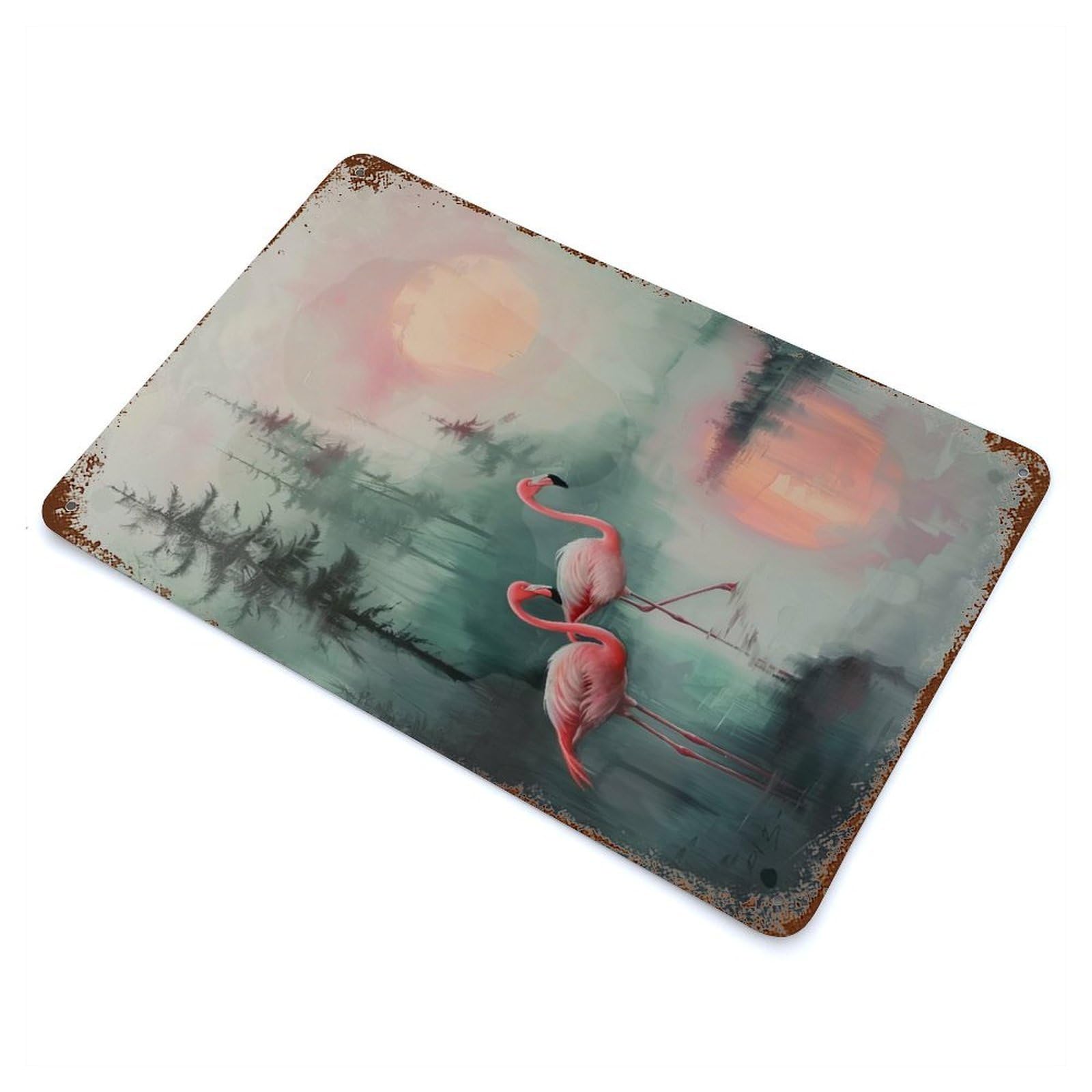 Rust Effect Pink Flamingos at Sunset Vintage Rust Metal Sign 11.8"x7.9", Classic Wall Plaque for Shed, Workshop And Garage Wall Decor