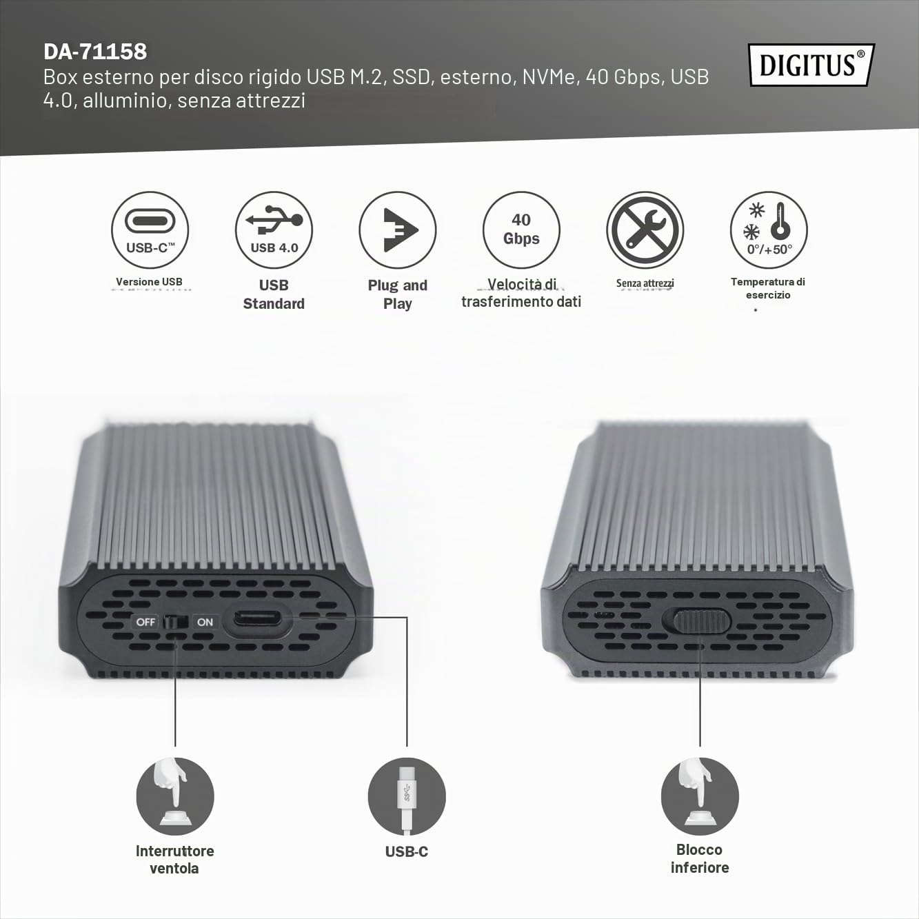 Custodia Per Disco Rigido Digitus Usb M.2, Ssd, Esterna, Nvme, 40 Gbps, Usb 4.0, Alluminio, Senza Attrezzi