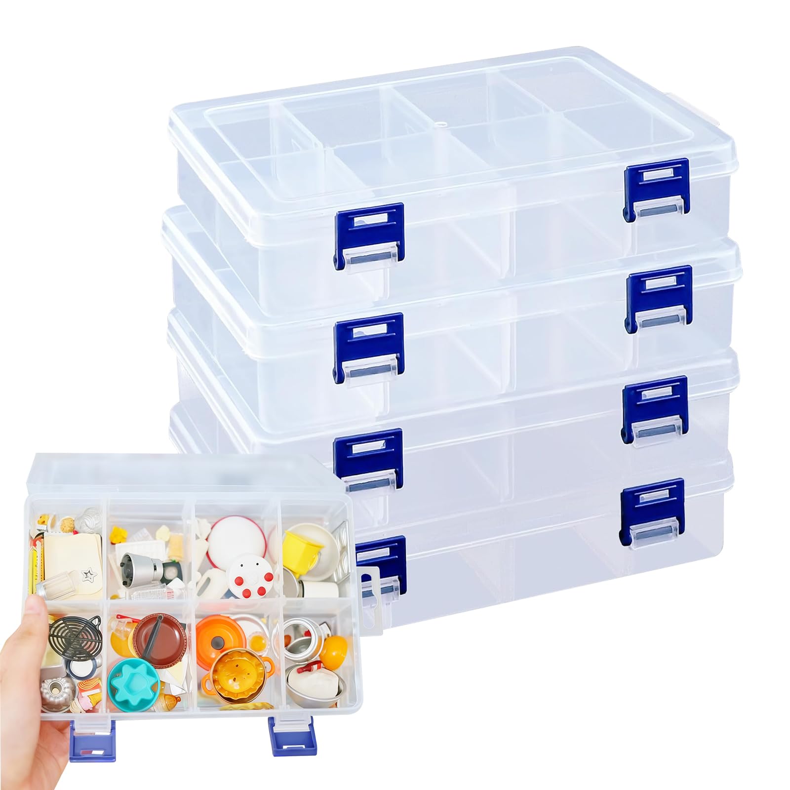 Vrexziy Clear Craft Storage Box, 4Pcs Plastic Organiser Box, Double Buckle 8 Grids Clear Organiser Boxes Plastic Storage Boxes for Beads Jewelry Earring Tool Accessories