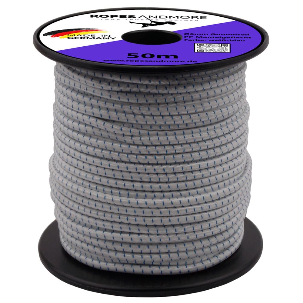 Corde élastique PP en polypropylène 6 mm - Corde en caoutchouc PPM - Fabriqué en Allemagne - 10 m à 100 m - Plusieurs couleurs (blanc/bleu, 100 m, diamètre : 6 mm - Sur bobine)