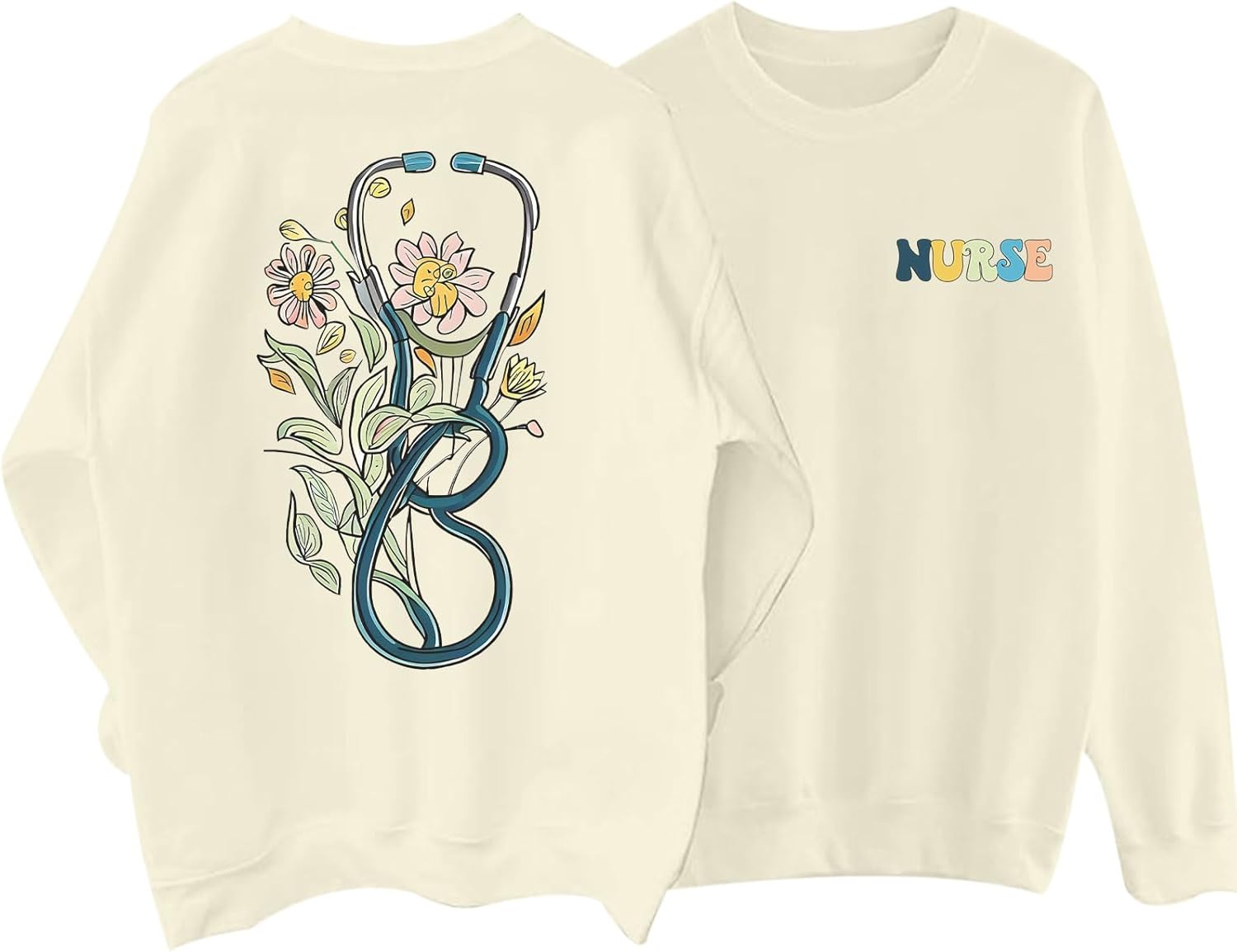 Nurse Graphic Crewneck Sweatshirts for women Floral Stethoscope Lightweight Sweatshirt Pullover Hoodie Nurses Gifts - Image 6