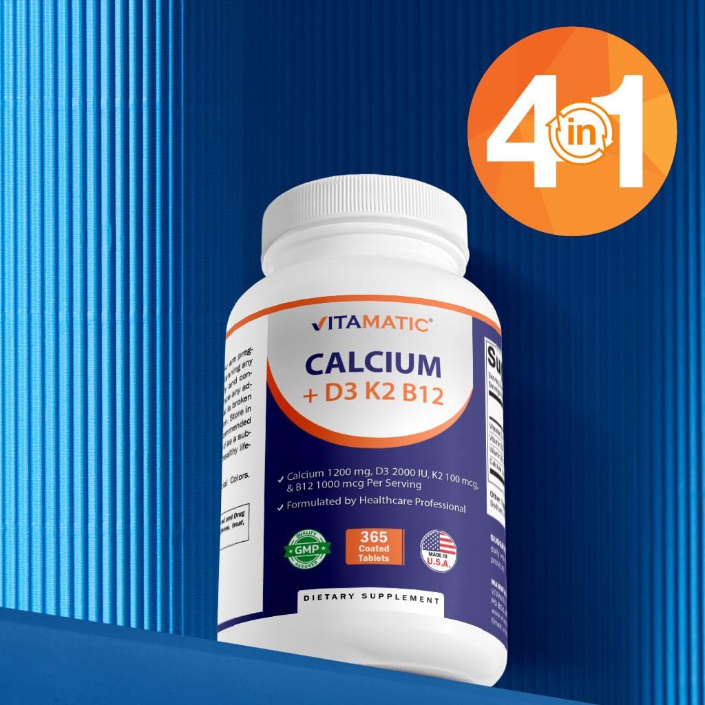 Vitamatic Calcium Supplement 1200mg with D3, K2 & B12, Immune & Bone Health Support - 365 Coated Tablets- 2 Pack