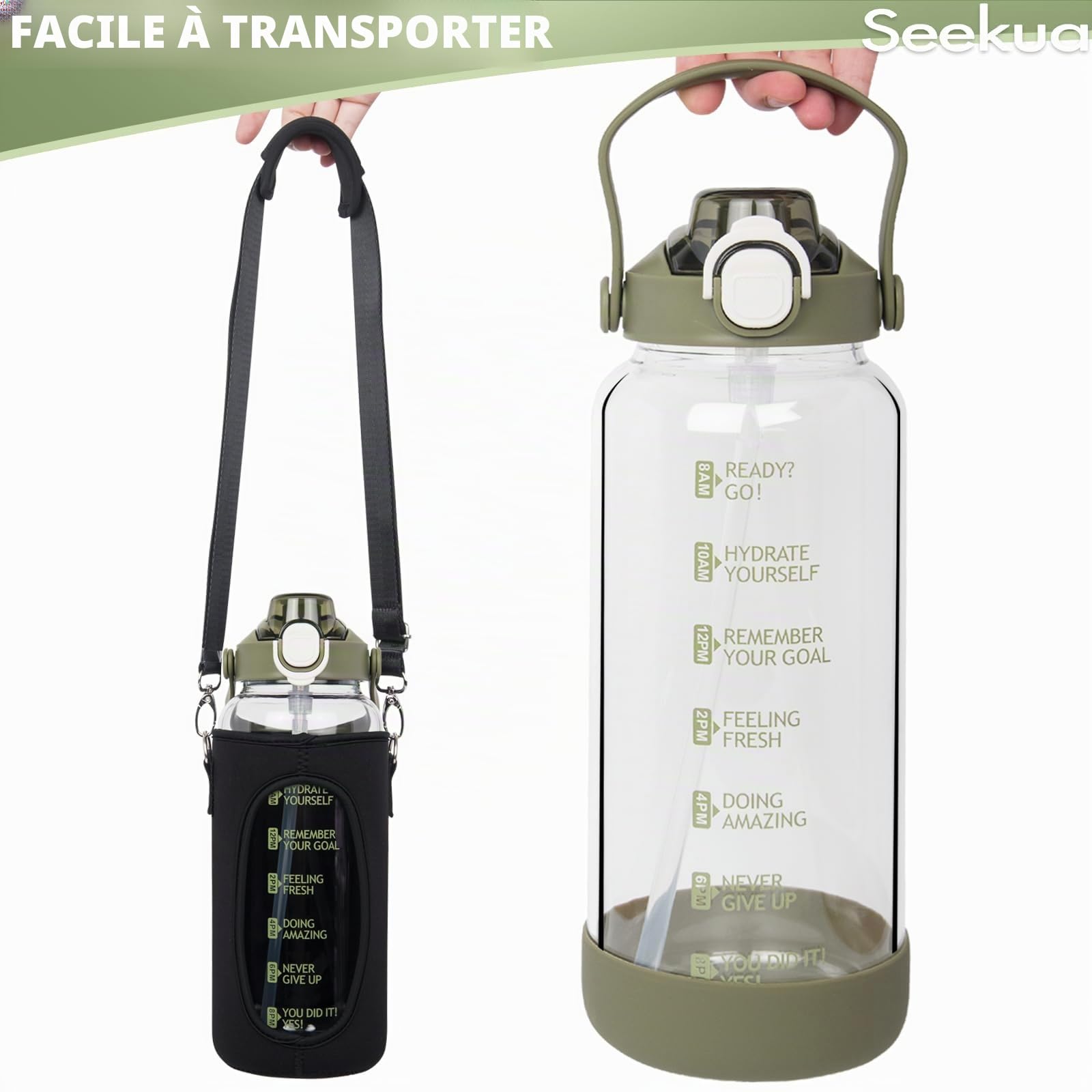 2l Sport Gourde Verre avec Paille & Infuseur à Fruits 2 litres grande Bouteille d'eau Verre avec Marqueur de Temps & Heure de Motivation