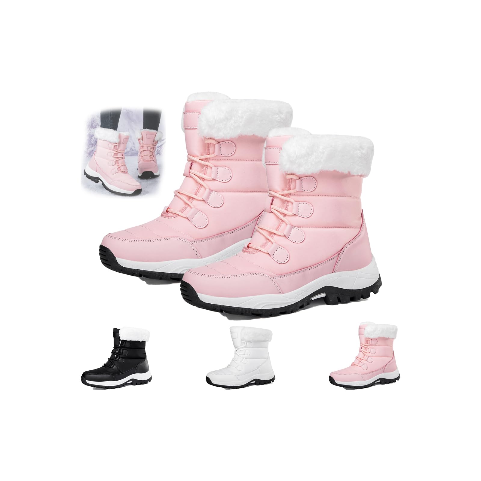 Womens Winter Snow Boots Waterproof Platform Winter Snow Waterproof Shoes Walking Comfortable Hiking Tennis Booties Furry Mid Calf
